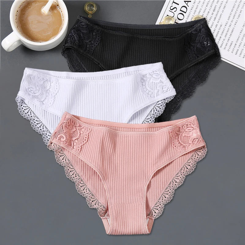 FINETOO 3Pcs Women Cotton Panties - Soft Lace Briefs