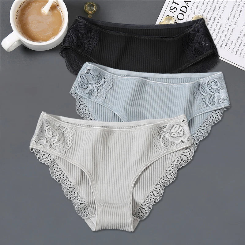 FINETOO 3Pcs Women Cotton Panties - Soft Lace Briefs