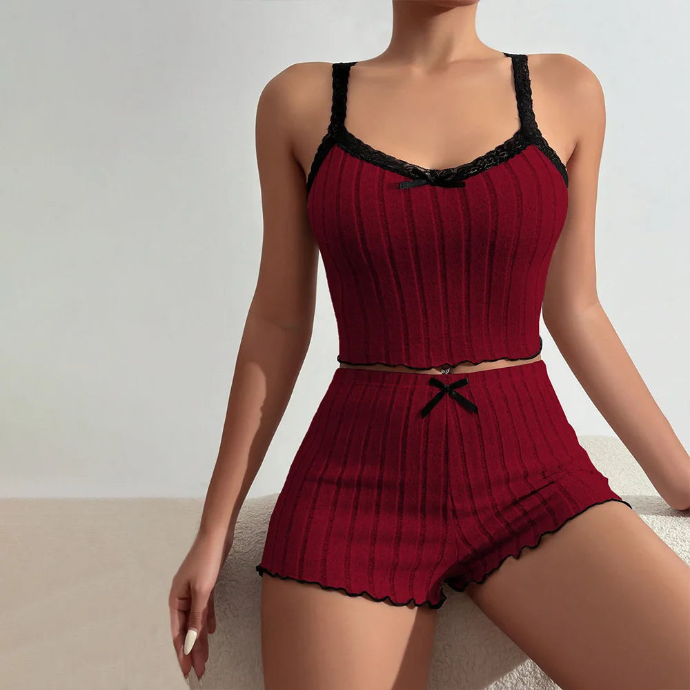 Pajama Suit Suspender Shorts with Sexy Bow Print