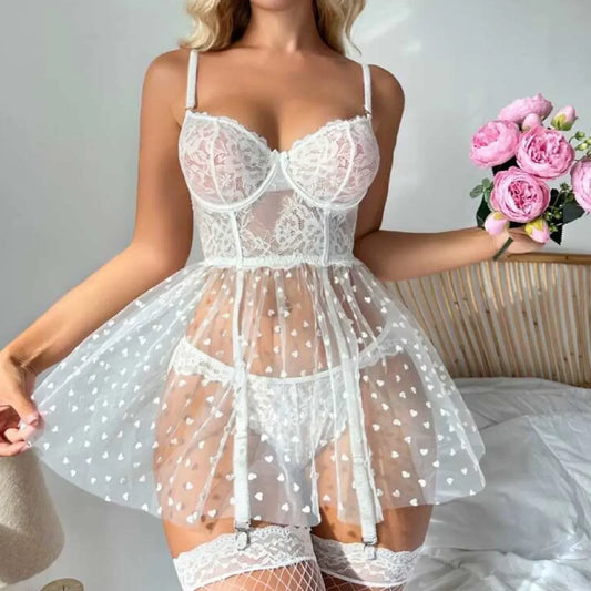 Elegant Mesh Lace Transparent Lingerie Dress for Women - Erotic Underwear Teddy Babydoll Bra Thongs Garter Sets