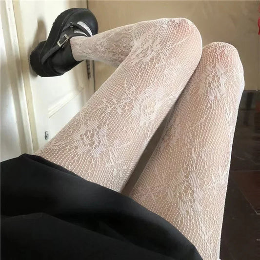 Chic Black and White Lolita Lace Mesh Stockings - Japanese Goth Floral Rattan Tights