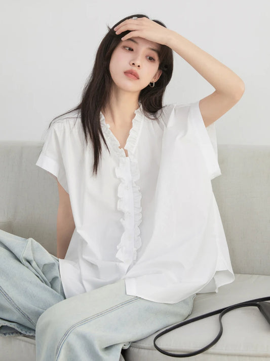 CHIC VEN Women Casual Cotton Ruffled Edge Shirt
