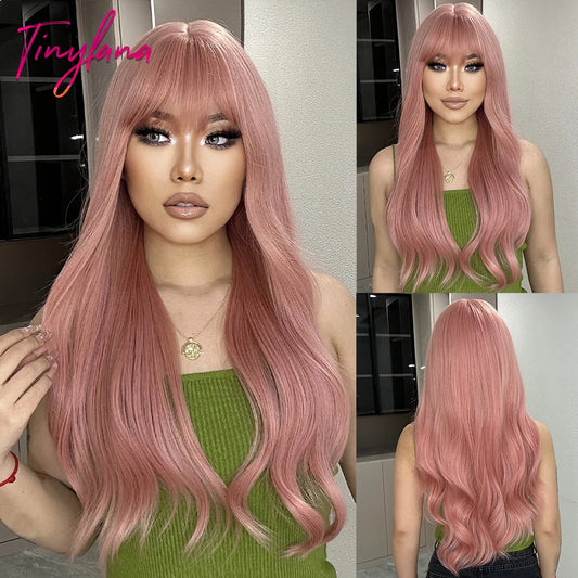 Light Pink Long Wavy Cosplay Synthetic Hair Wig with Bangs - Perfect for Halloween and Daily Wear