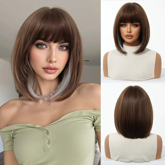 Light Brown Blonde Synthetic Wigs with Bangs - Short Bob for Daily Use, Cosplay, and Halloween | Heat Resistant