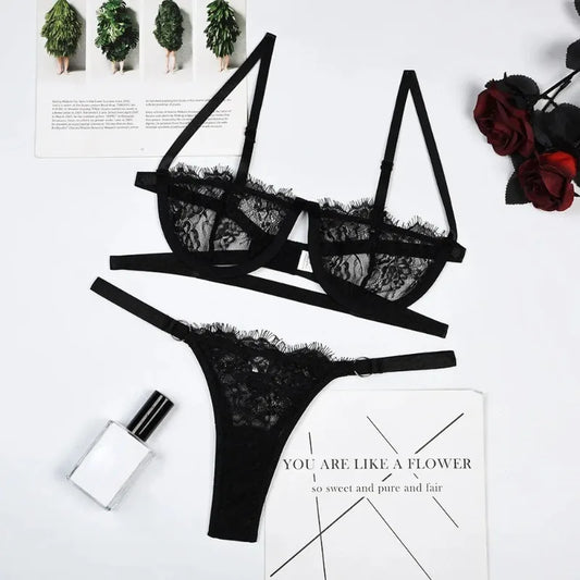 Sexy Lace Transparent Underwear Set with Fairy Embroidery - Delicate Bra and Briefs Kit
