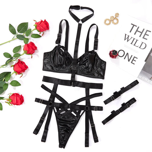 PU Leather Gothic Halter Lingerie Set for Women - Back Open Brief and Garter Kit