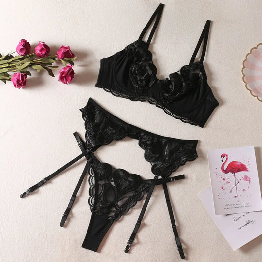 Luxury Lace Embroidery 3-Piece Pushup Bra and Briefs Set