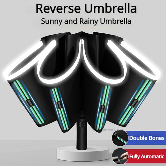 Fully Automatic Reverse Folding Blackout Umbrella with Reflective Stripe - UV Blocking Windproof Parasol