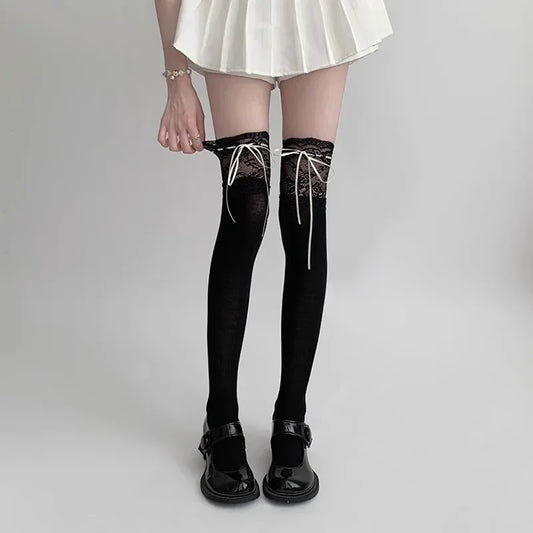 Cute White Lace Tied Ribbon Velvet Over Knee Socks for Women
