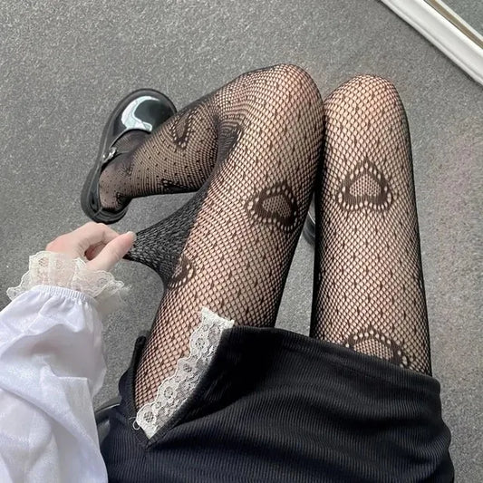 Heart Flower Mesh Japanese Girl Lolita Tights - White Fishnet Stockings for Women