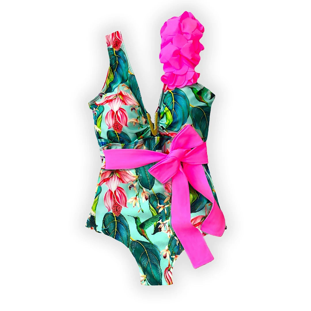 Ruffle One-Piece Swimsuit – Floral Deep V-Neck Push-Up Monokini Beachwear for Women