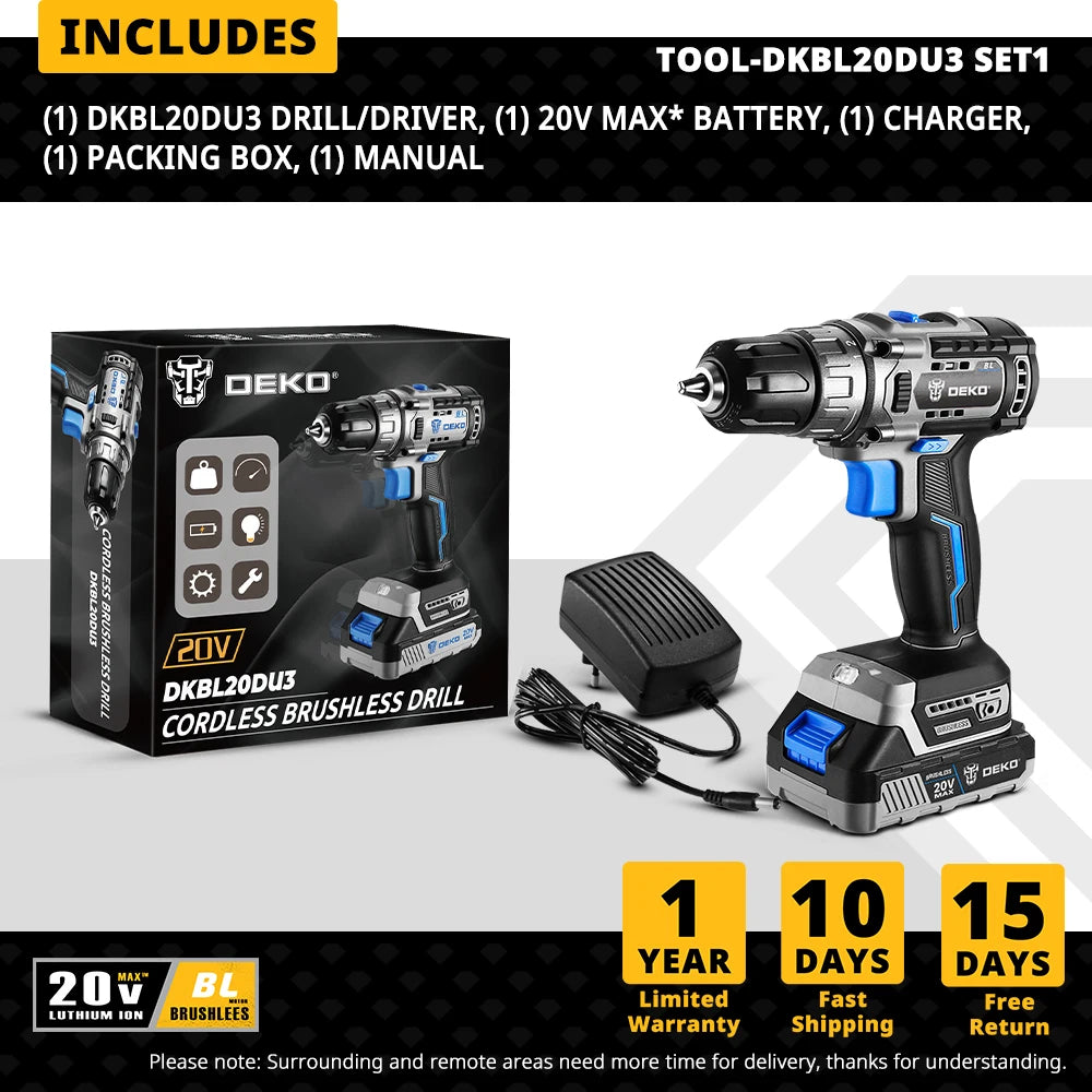 DEKO 20V Brushless Cordless Drill Combo – 2-Speed Mini Power Tool for Woodworking