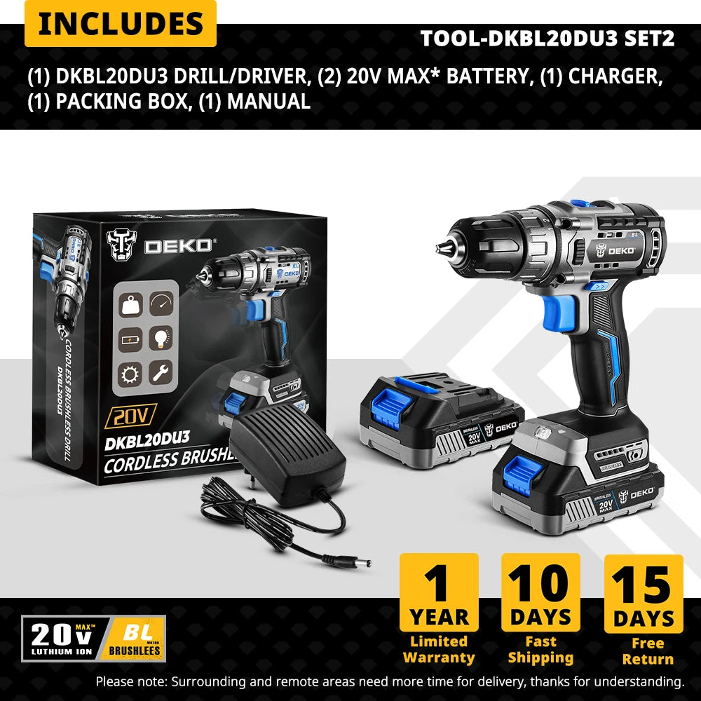 DEKO 20V Brushless Cordless Drill Combo – 2-Speed Mini Power Tool for Woodworking