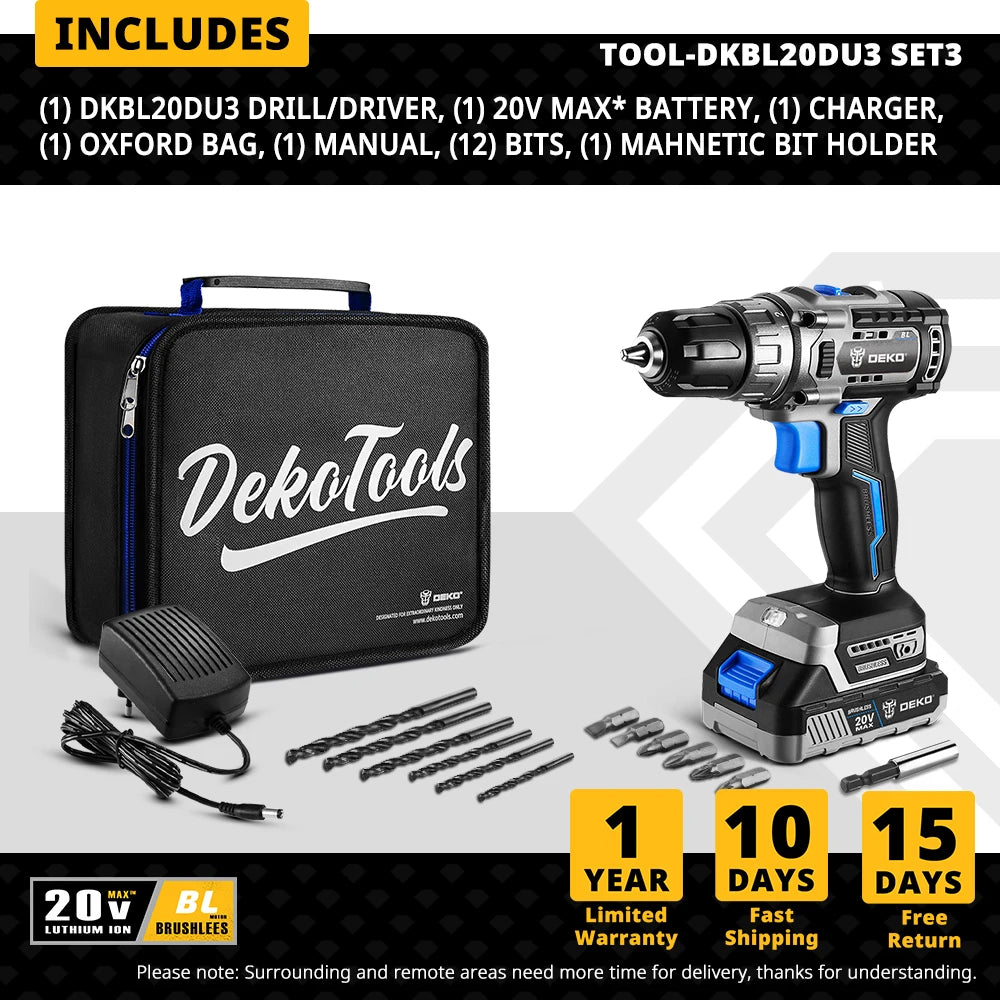 DEKO 20V Brushless Cordless Drill Combo – 2-Speed Mini Power Tool for Woodworking