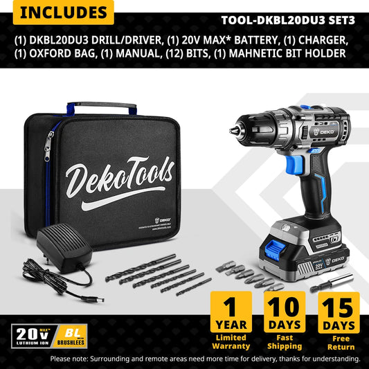 DEKO 20V Brushless Cordless Drill Combo – 2-Speed Mini Power Tool for Woodworking