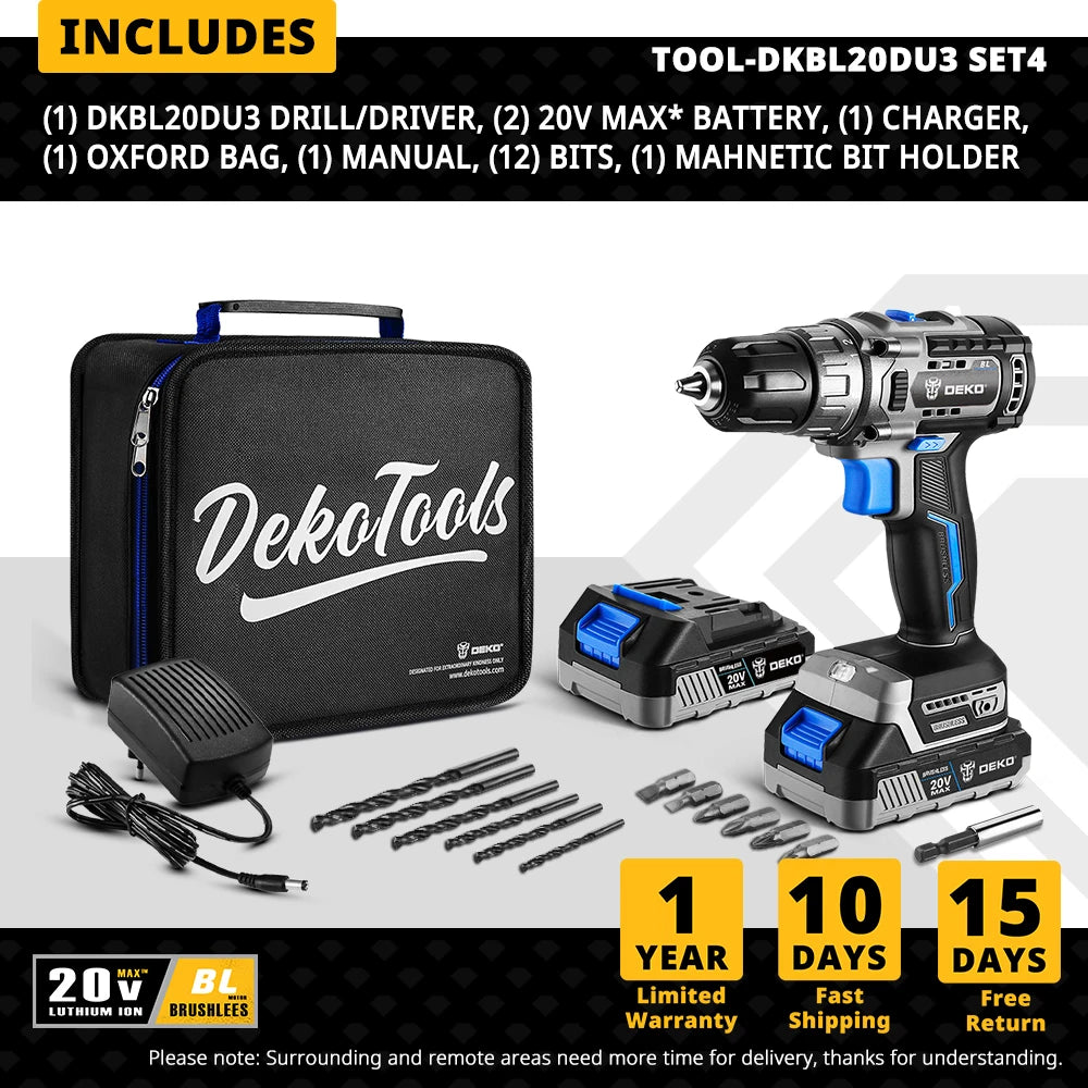 DEKO 20V Brushless Cordless Drill Combo – 2-Speed Mini Power Tool for Woodworking