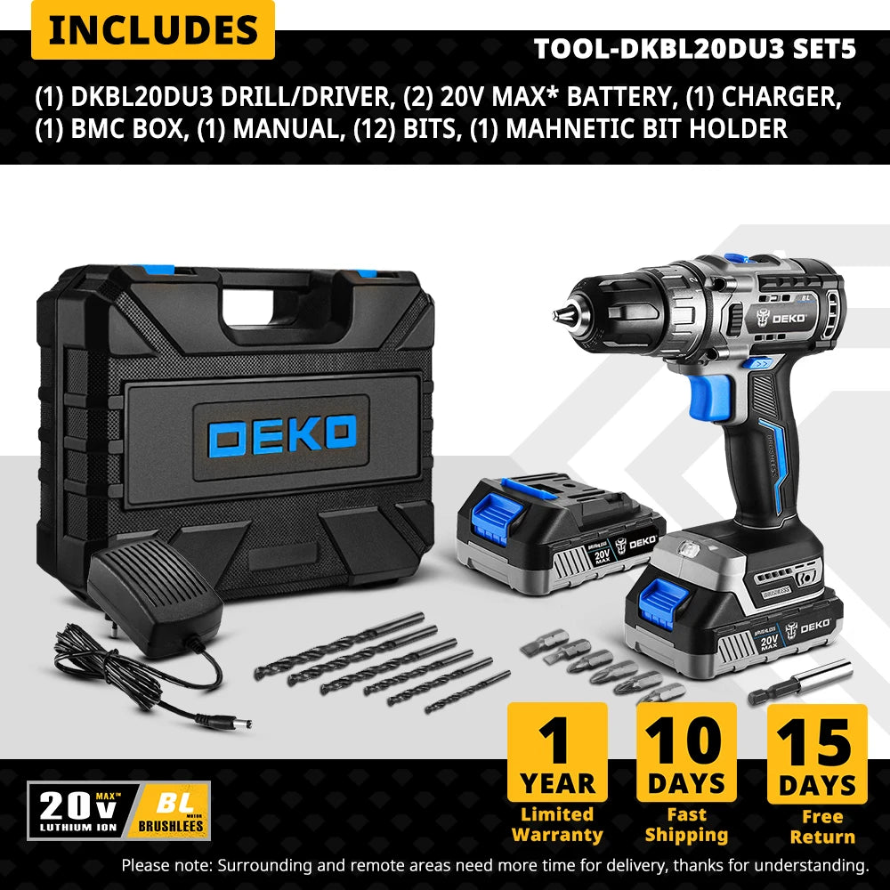 DEKO 20V Brushless Cordless Drill Combo – 2-Speed Mini Power Tool for Woodworking