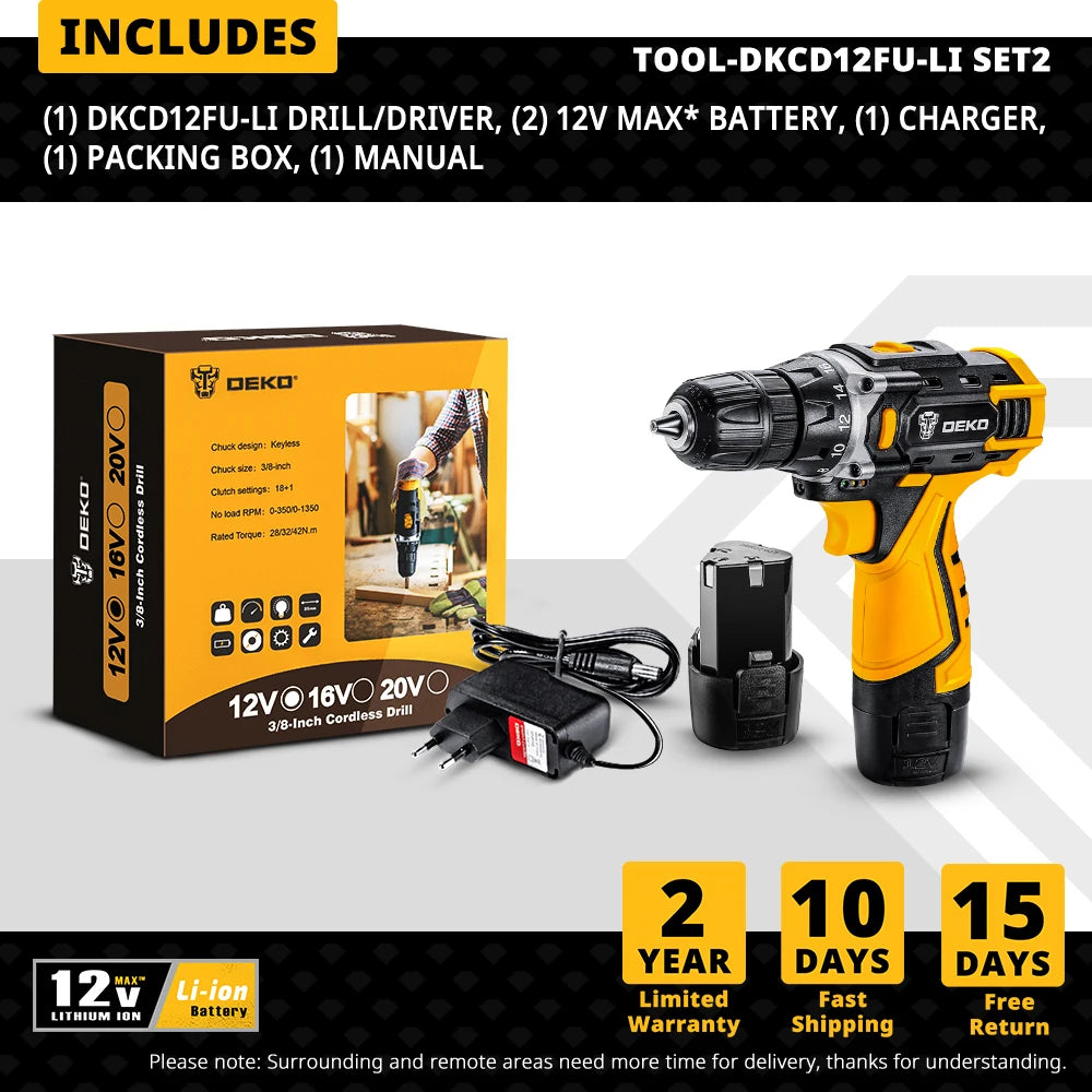 DEKO Cordless Drill 12V/16V/20V – Mini Wireless Electric Screwdriver with Lithium-Ion Battery for Home DIY