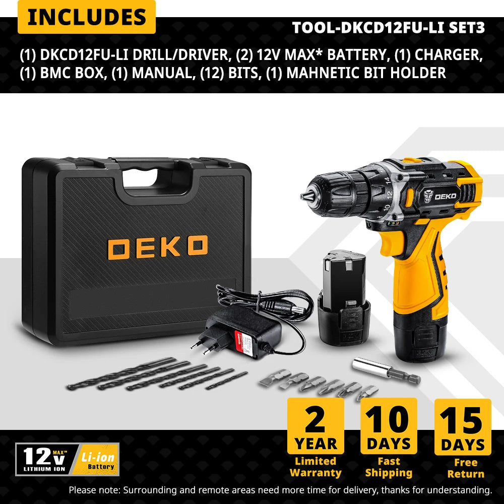 DEKO Cordless Drill 12V/16V/20V – Mini Wireless Electric Screwdriver with Lithium-Ion Battery for Home DIY