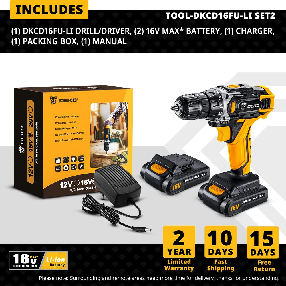 DEKO Cordless Drill 12V/16V/20V – Mini Wireless Electric Screwdriver with Lithium-Ion Battery for Home DIY