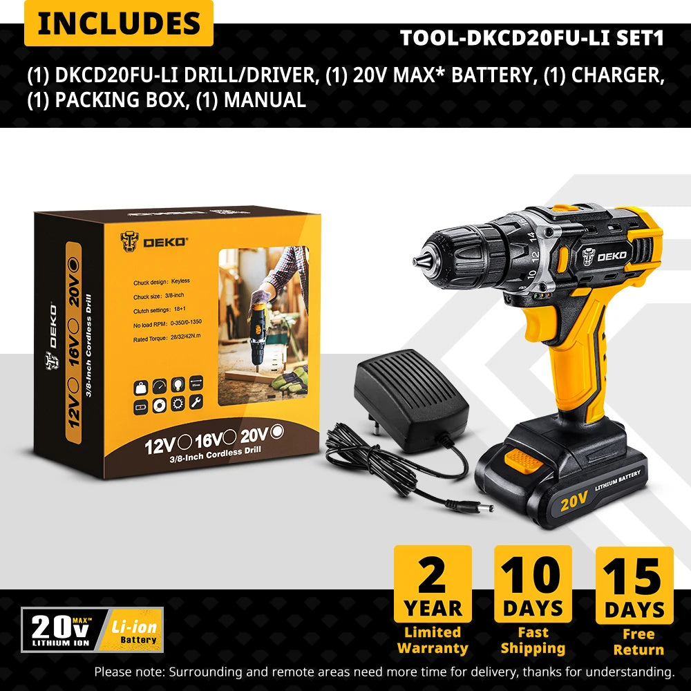 DEKO Cordless Drill 12V/16V/20V – Mini Wireless Electric Screwdriver with Lithium-Ion Battery for Home DIY