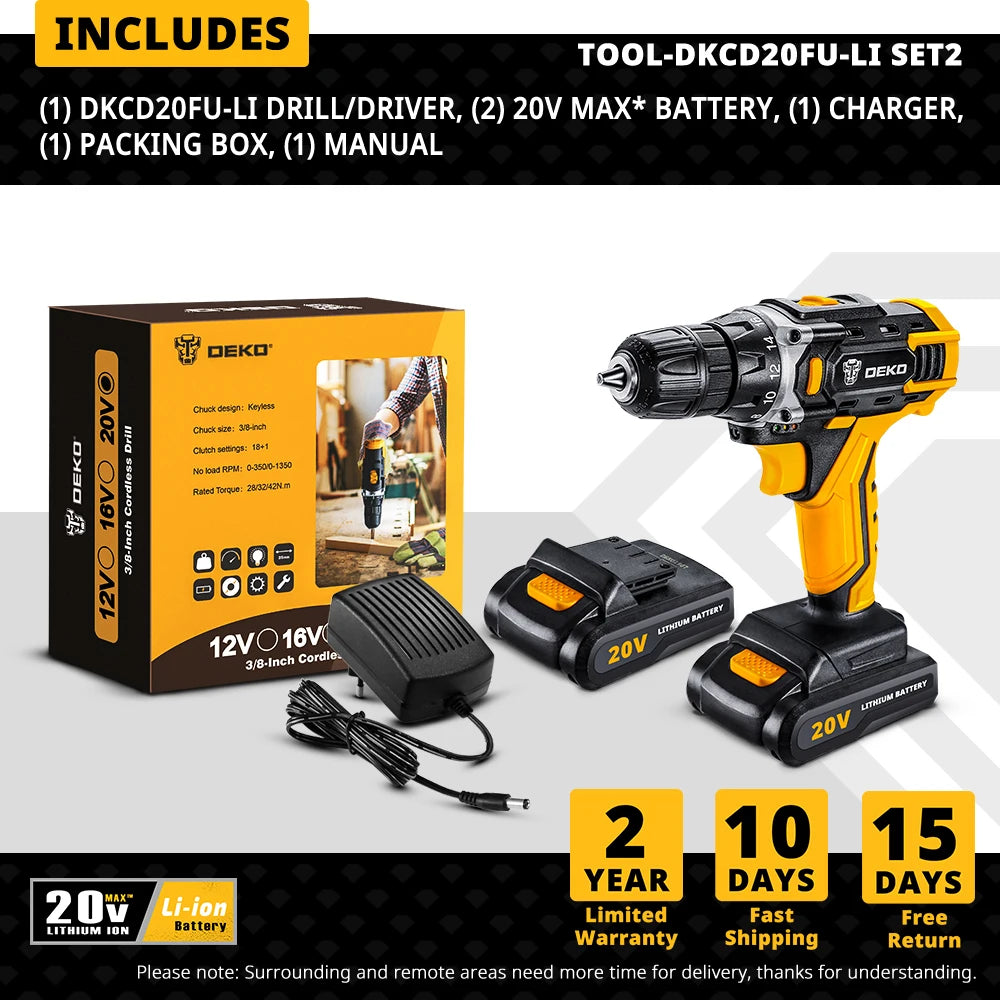 DEKO Cordless Drill 12V/16V/20V – Mini Wireless Electric Screwdriver with Lithium-Ion Battery for Home DIY