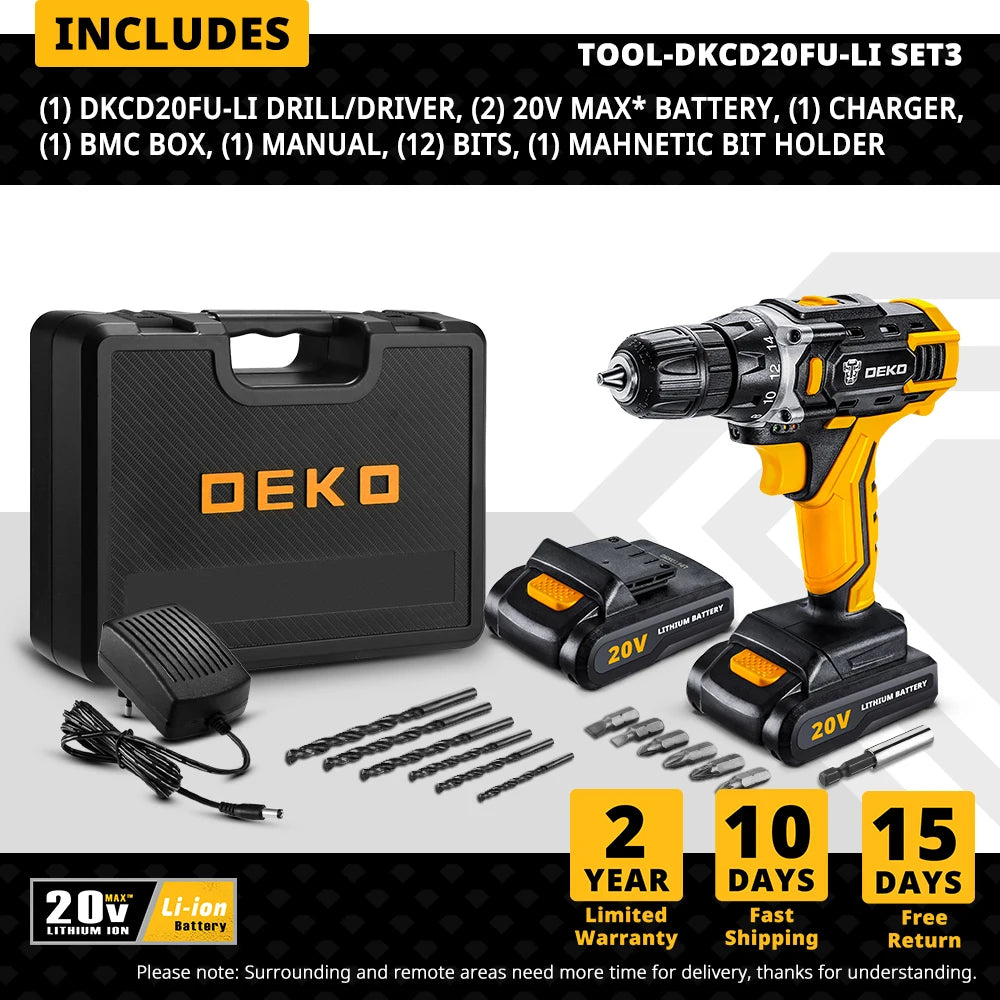 DEKO Cordless Drill 12V/16V/20V – Mini Wireless Electric Screwdriver with Lithium-Ion Battery for Home DIY
