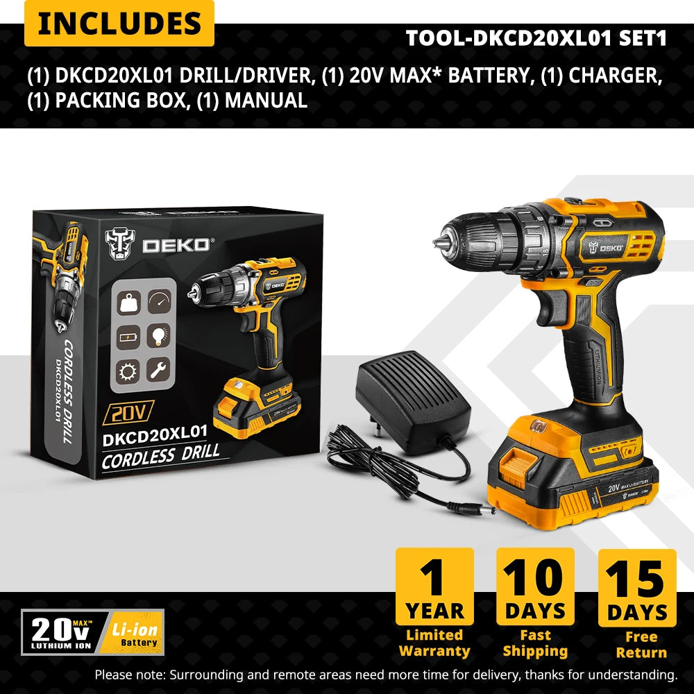 DEKO 20V Cordless Drill – Rechargeable 2-Speed Electric Screwdriver with Lithium Battery for Household Use