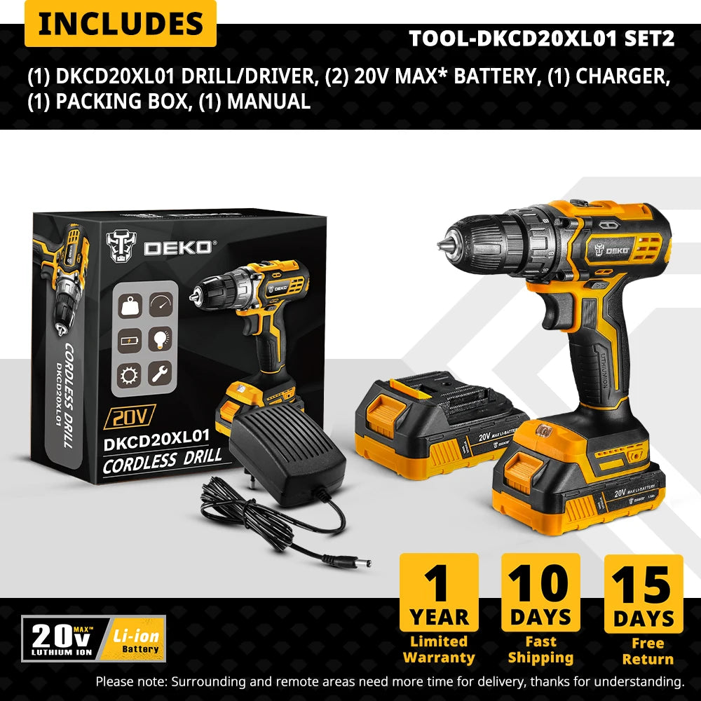 DEKO 20V Cordless Drill – Rechargeable 2-Speed Electric Screwdriver with Lithium Battery for Household Use