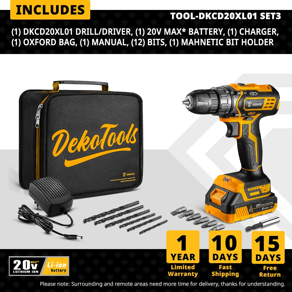 DEKO 20V Cordless Drill – Rechargeable 2-Speed Electric Screwdriver with Lithium Battery for Household Use