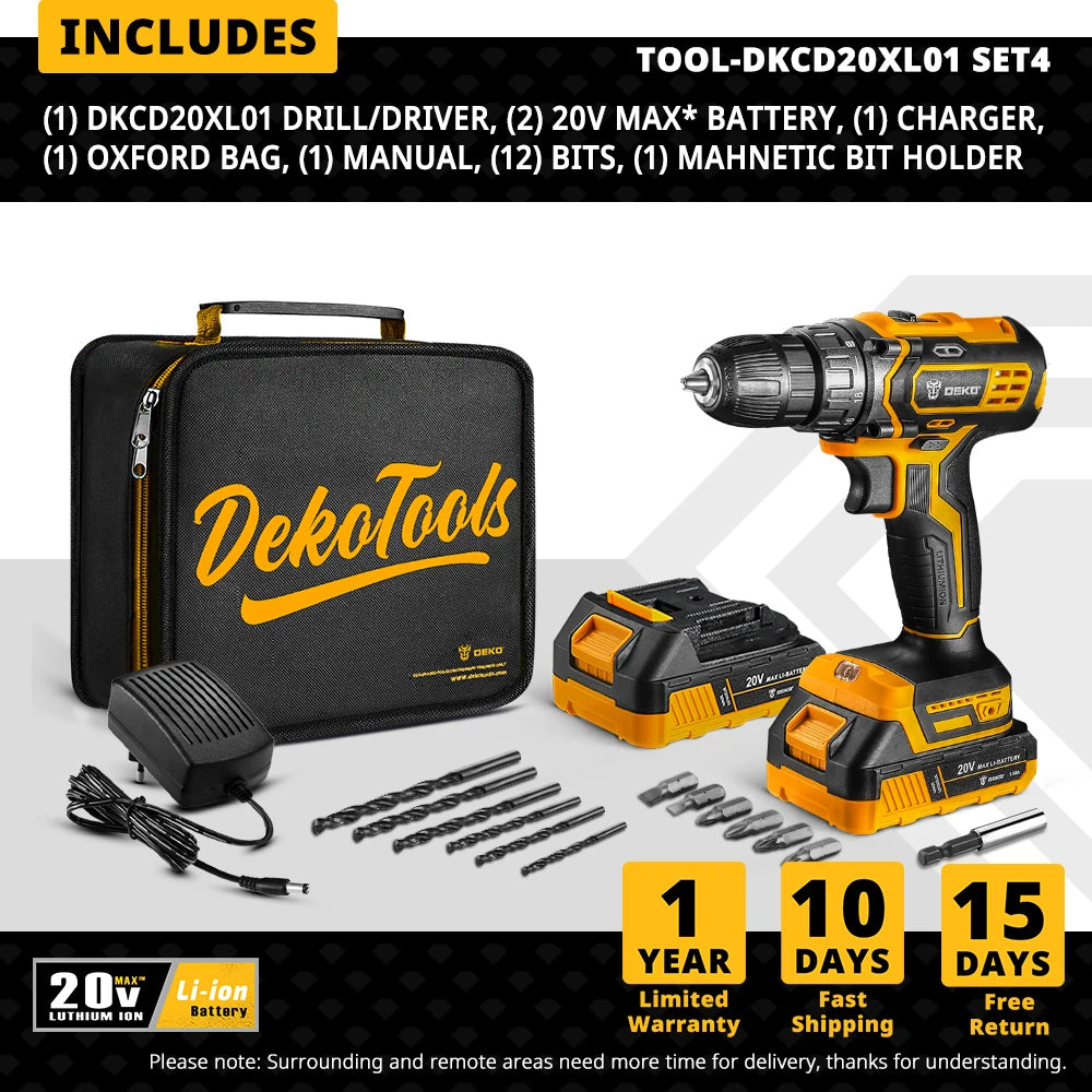 DEKO 20V Cordless Drill – Rechargeable 2-Speed Electric Screwdriver with Lithium Battery for Household Use