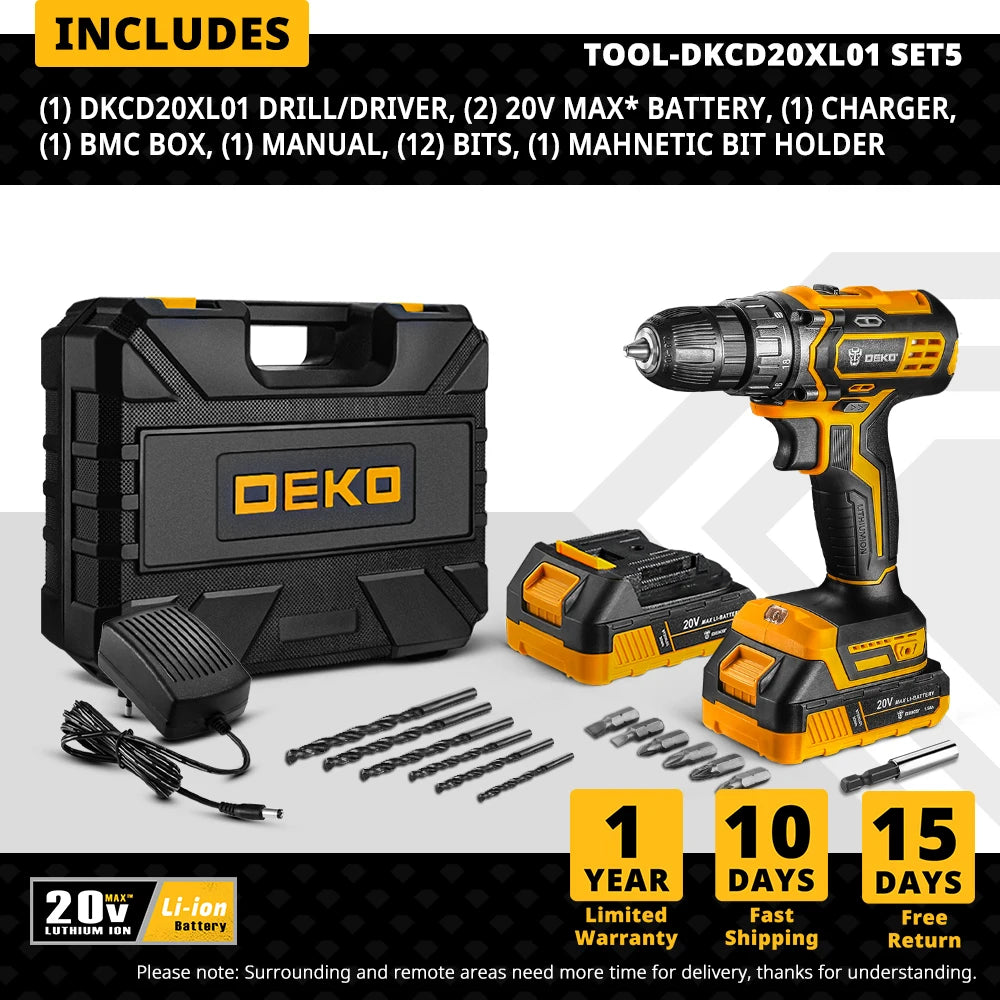 DEKO 20V Cordless Drill – Rechargeable 2-Speed Electric Screwdriver with Lithium Battery for Household Use