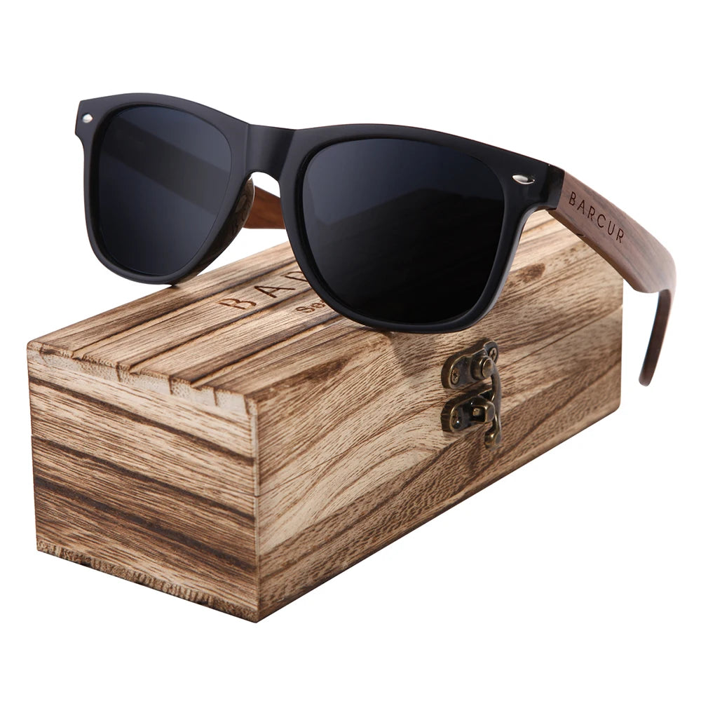 BARCUR Black Walnut Polarized Sunglasses – UV400 Wooden Unisex Shades with Original Box