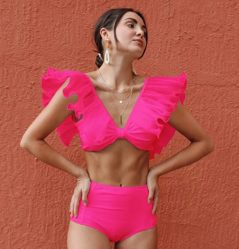 Ruffle-Sleeve Push-Up Bikini – Solid Black High-Waist Women’s Swimwear