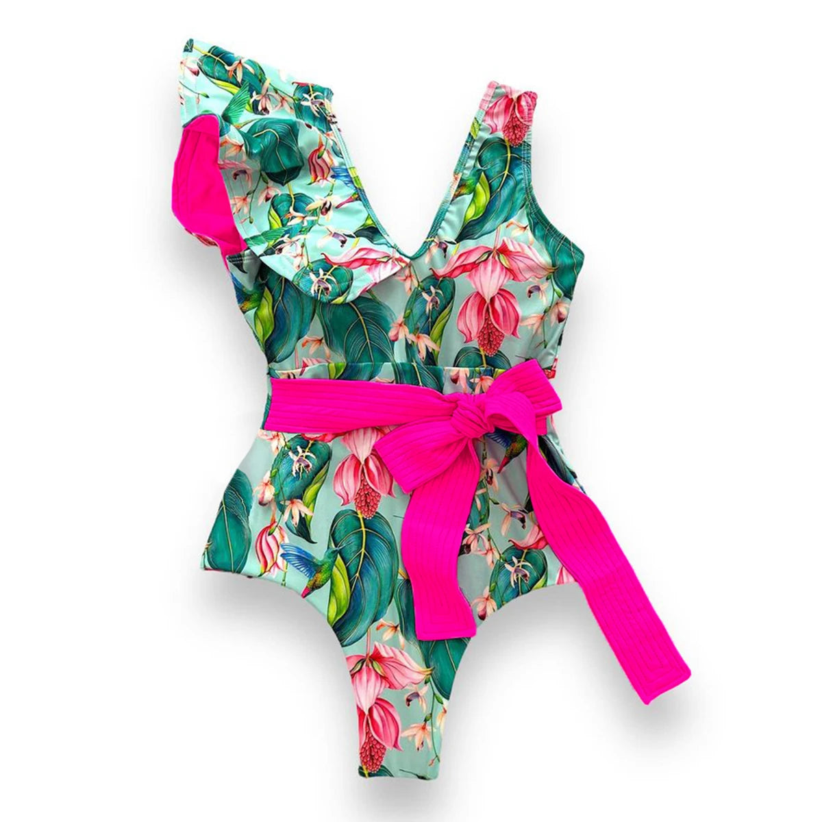 Ruffle One-Piece Swimsuit – Floral Deep V-Neck Push-Up Monokini Beachwear for Women