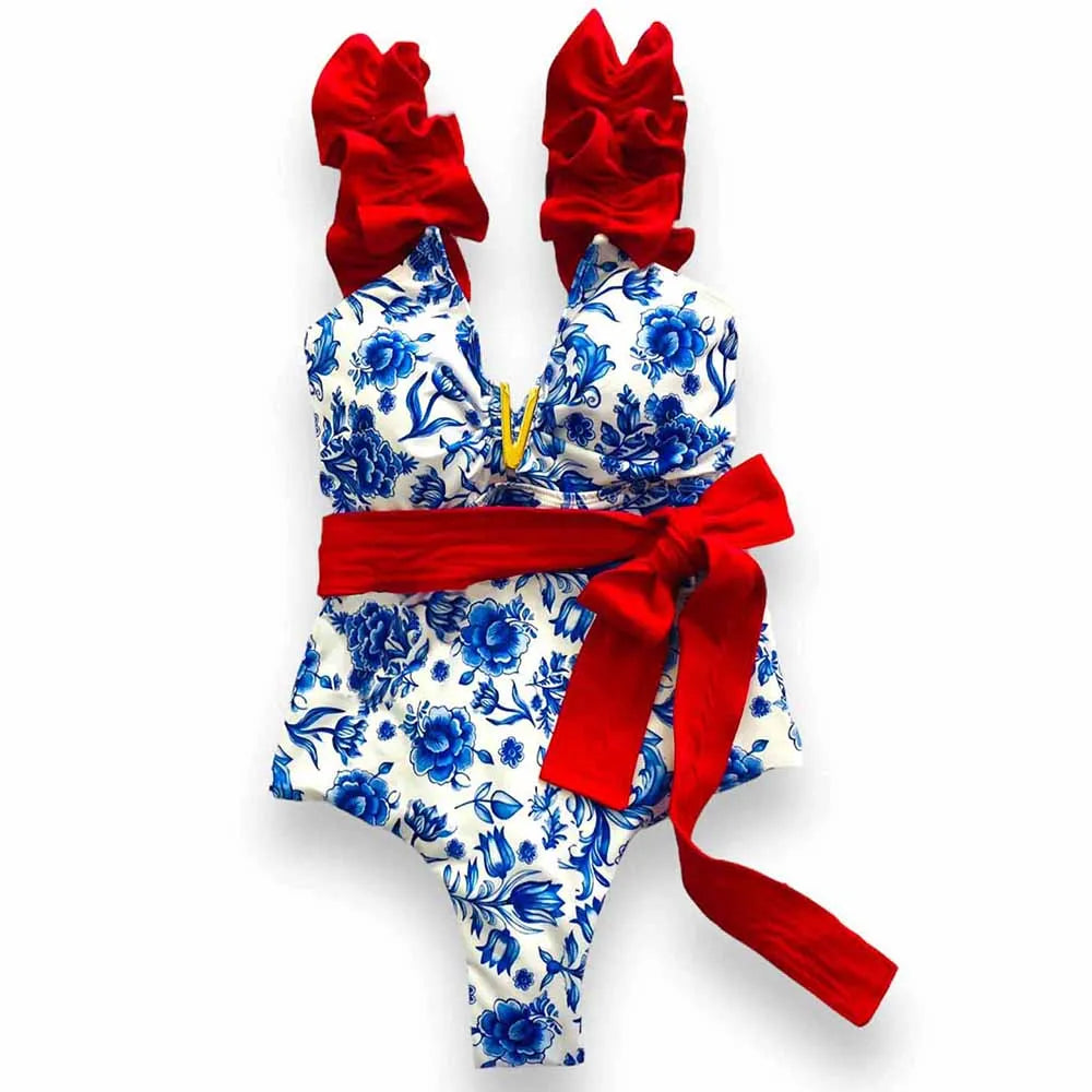Ruffle One-Piece Swimsuit – Floral Deep V-Neck Push-Up Monokini Beachwear for Women
