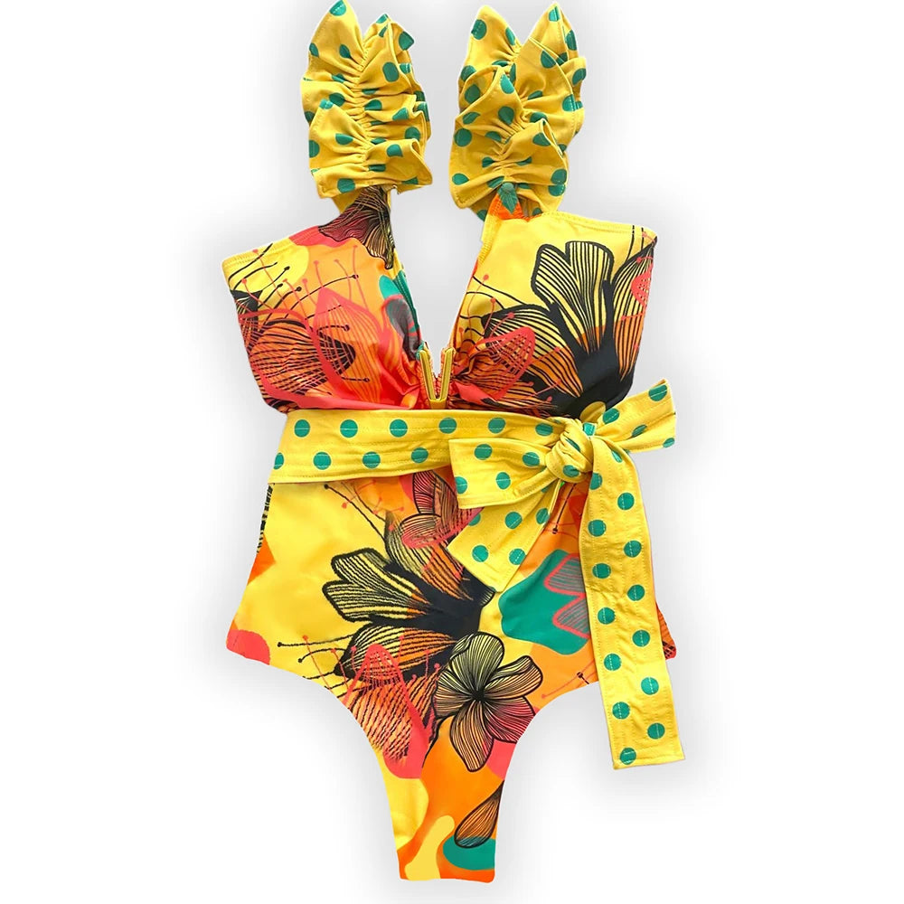 Ruffle One-Piece Swimsuit – Floral Deep V-Neck Push-Up Monokini Beachwear for Women