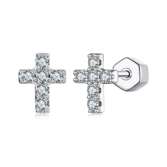 BAMOER Weißgold-Moissanit-Kreuz-Ohrringe – 925er Sterlingsilber-Ohrstecker