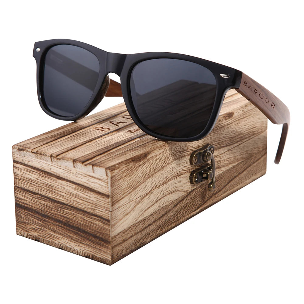 BARCUR Black Walnut Polarized Sunglasses – UV400 Wooden Unisex Shades with Original Box