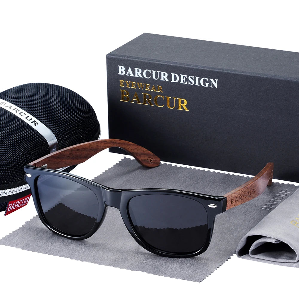 BARCUR Black Walnut Polarized Sunglasses – UV400 Wooden Unisex Shades with Original Box