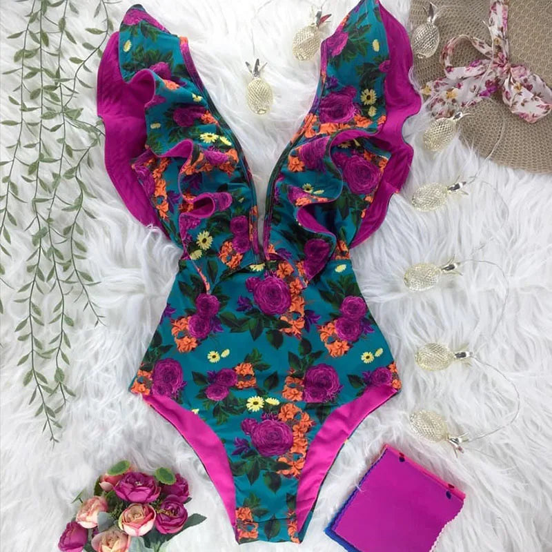 Ruffle One-Piece Swimsuit – Floral Deep V-Neck Push-Up Monokini Beachwear for Women