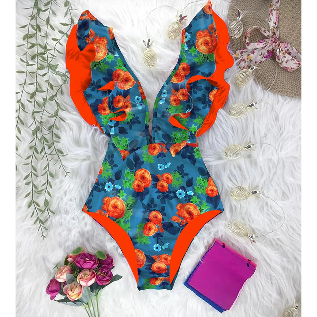 Ruffle One-Piece Swimsuit – Floral Deep V-Neck Push-Up Monokini Beachwear for Women