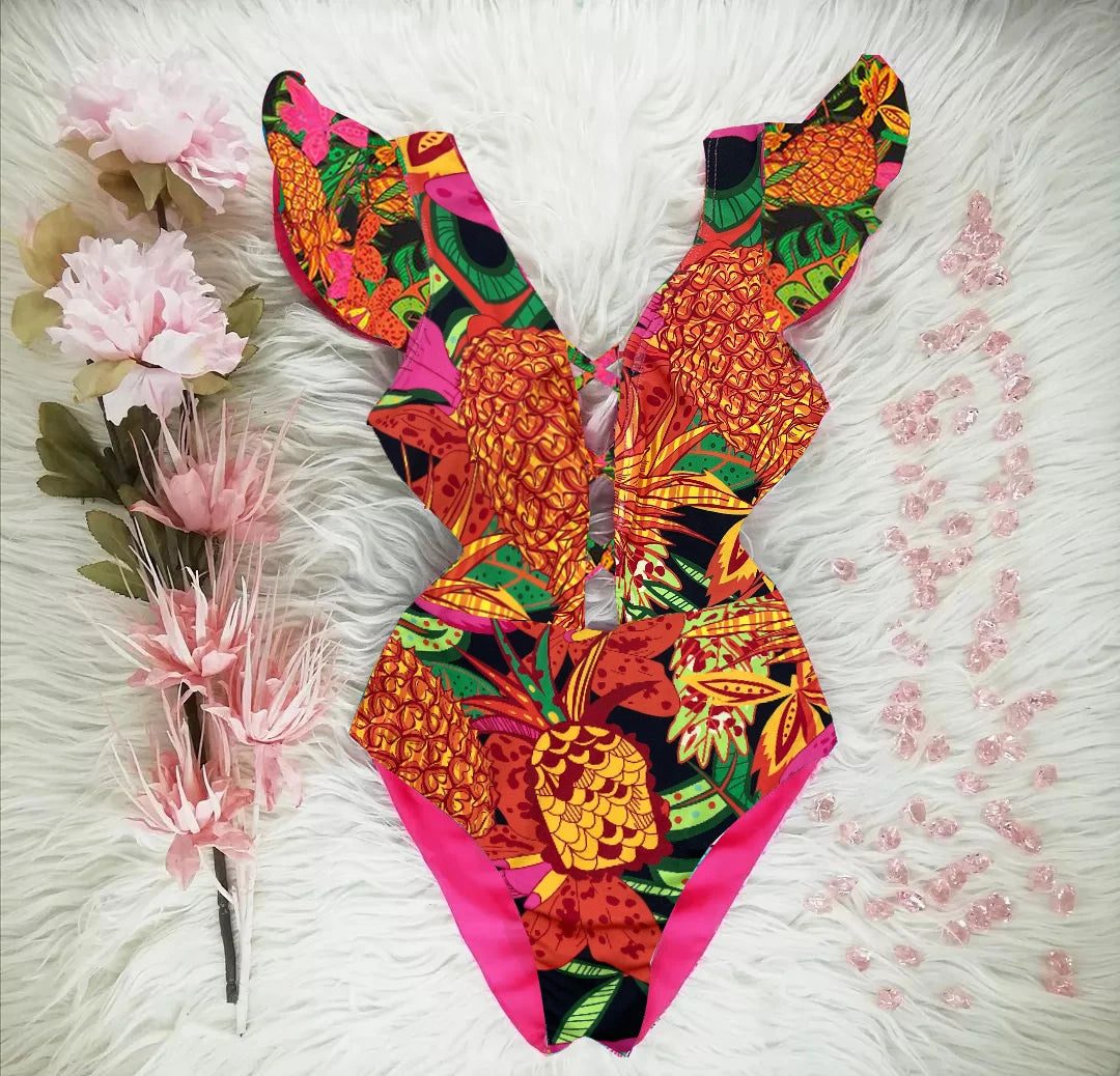 Ruffle One-Piece Swimsuit – Floral Deep V-Neck Push-Up Monokini Beachwear for Women
