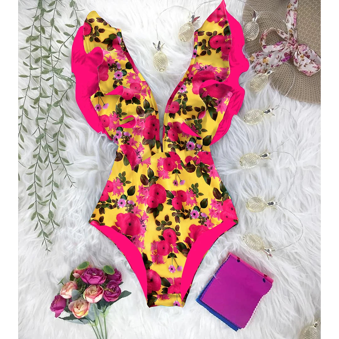 Ruffle One-Piece Swimsuit – Floral Deep V-Neck Push-Up Monokini Beachwear for Women
