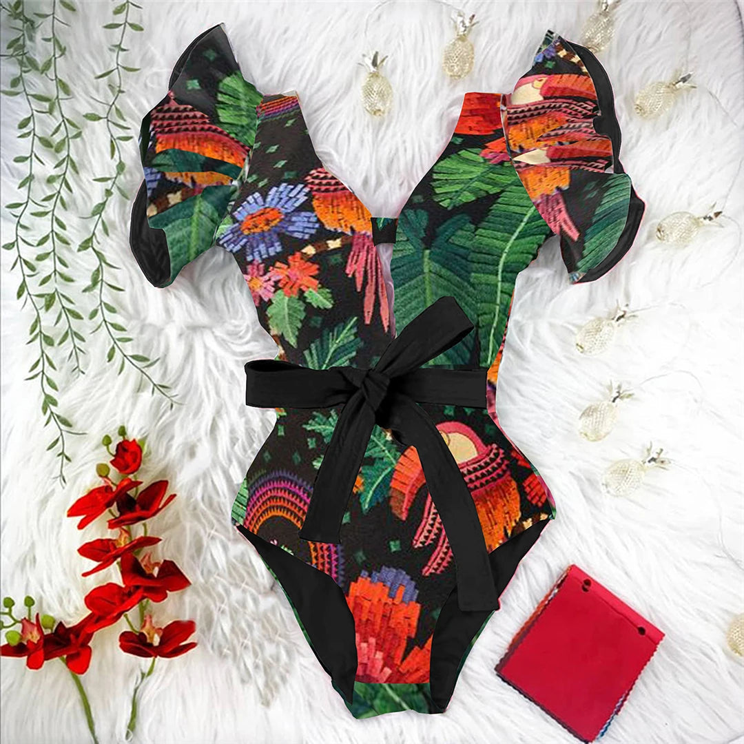 Ruffle One-Piece Swimsuit – Floral Deep V-Neck Push-Up Monokini Beachwear for Women
