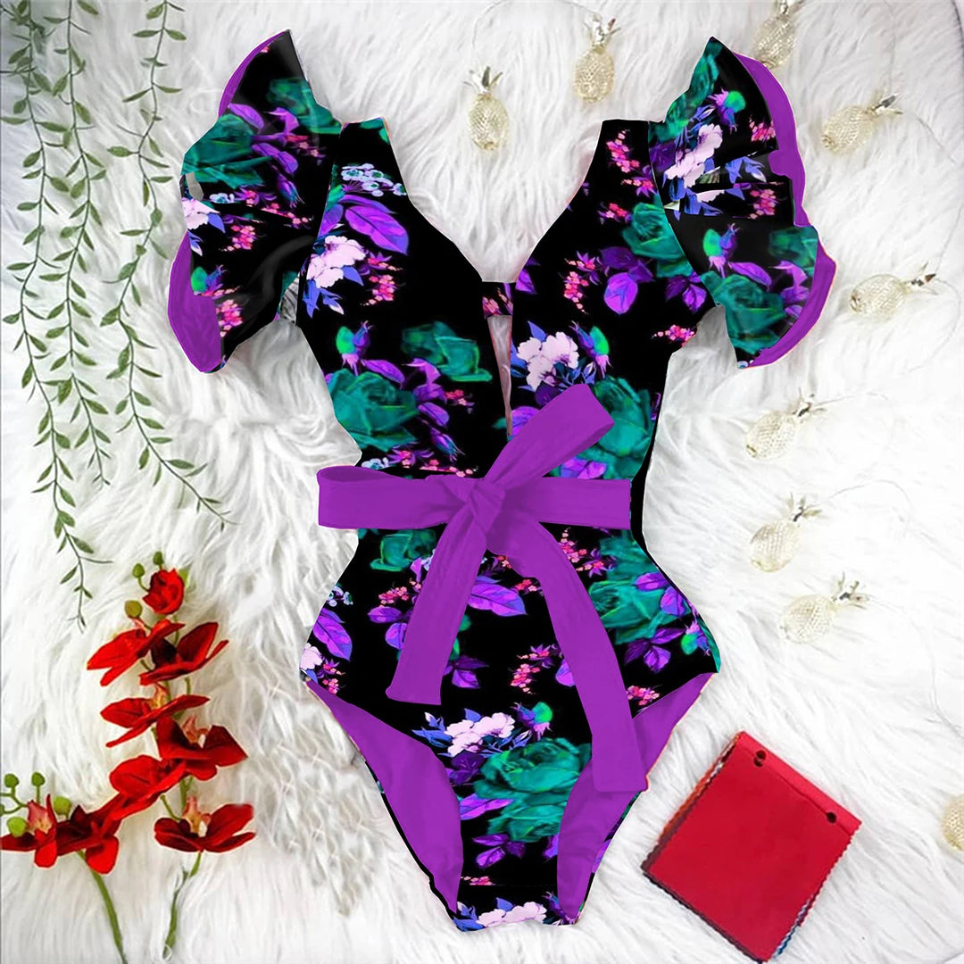 Ruffle One-Piece Swimsuit – Floral Deep V-Neck Push-Up Monokini Beachwear for Women