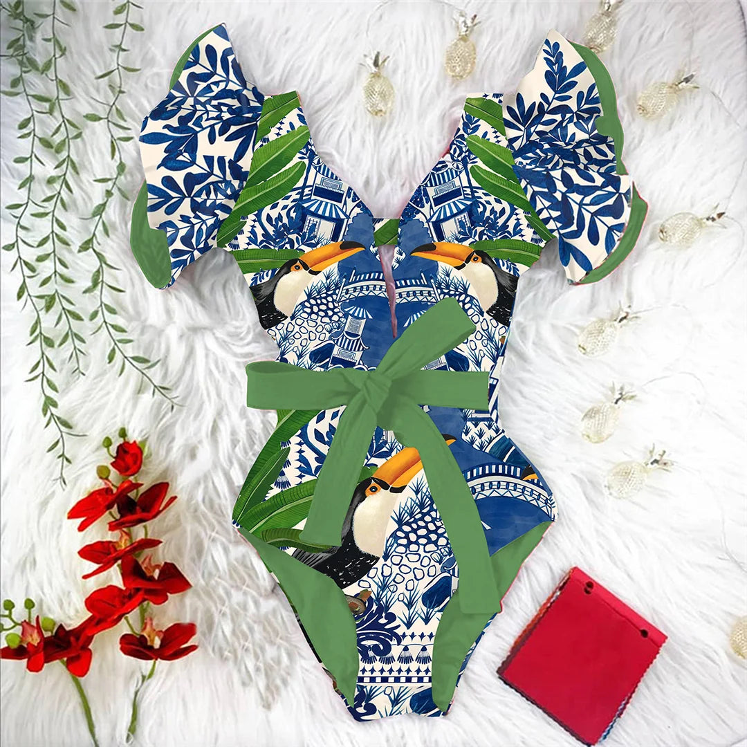Ruffle One-Piece Swimsuit – Floral Deep V-Neck Push-Up Monokini Beachwear for Women