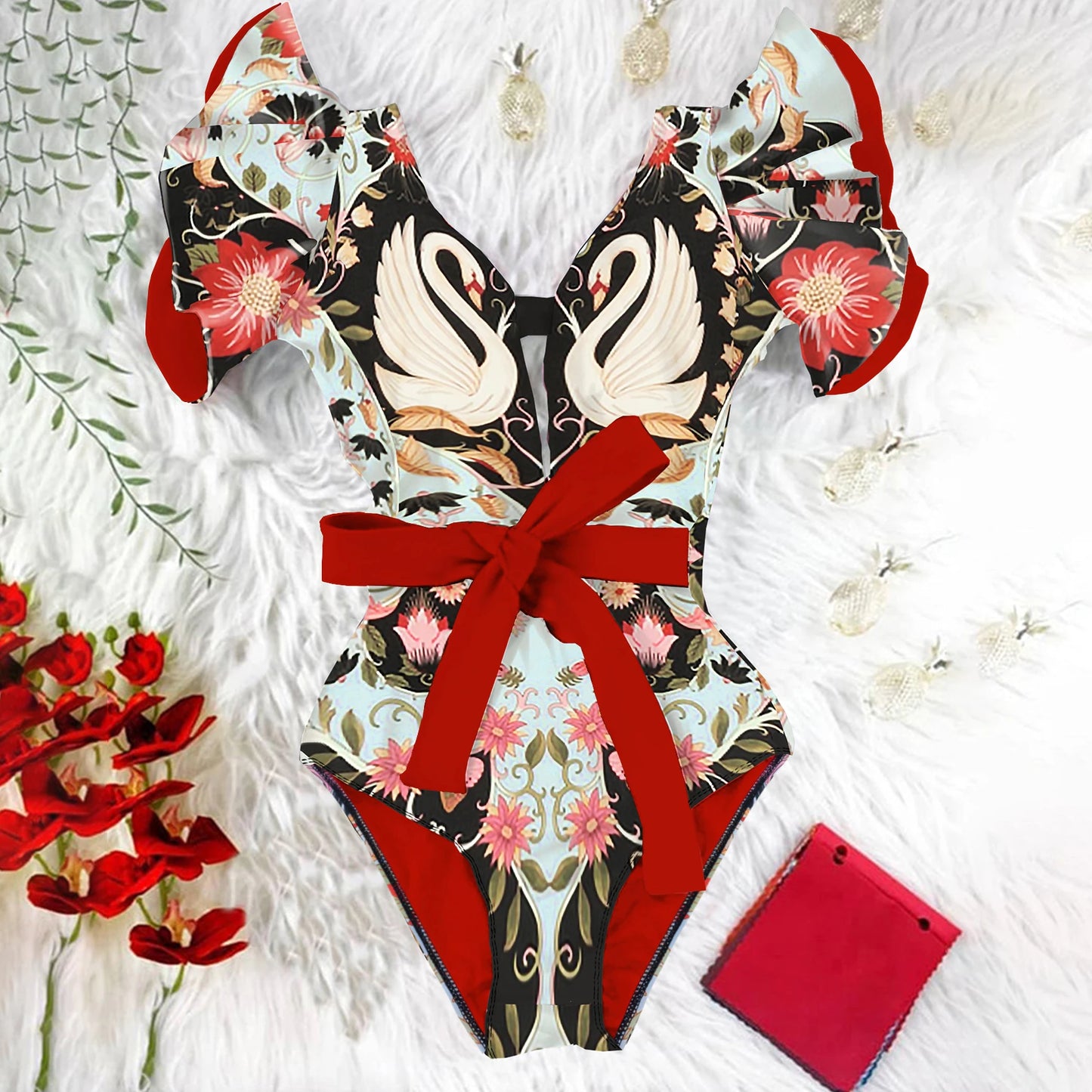 Ruffle One-Piece Swimsuit – Floral Deep V-Neck Push-Up Monokini Beachwear for Women