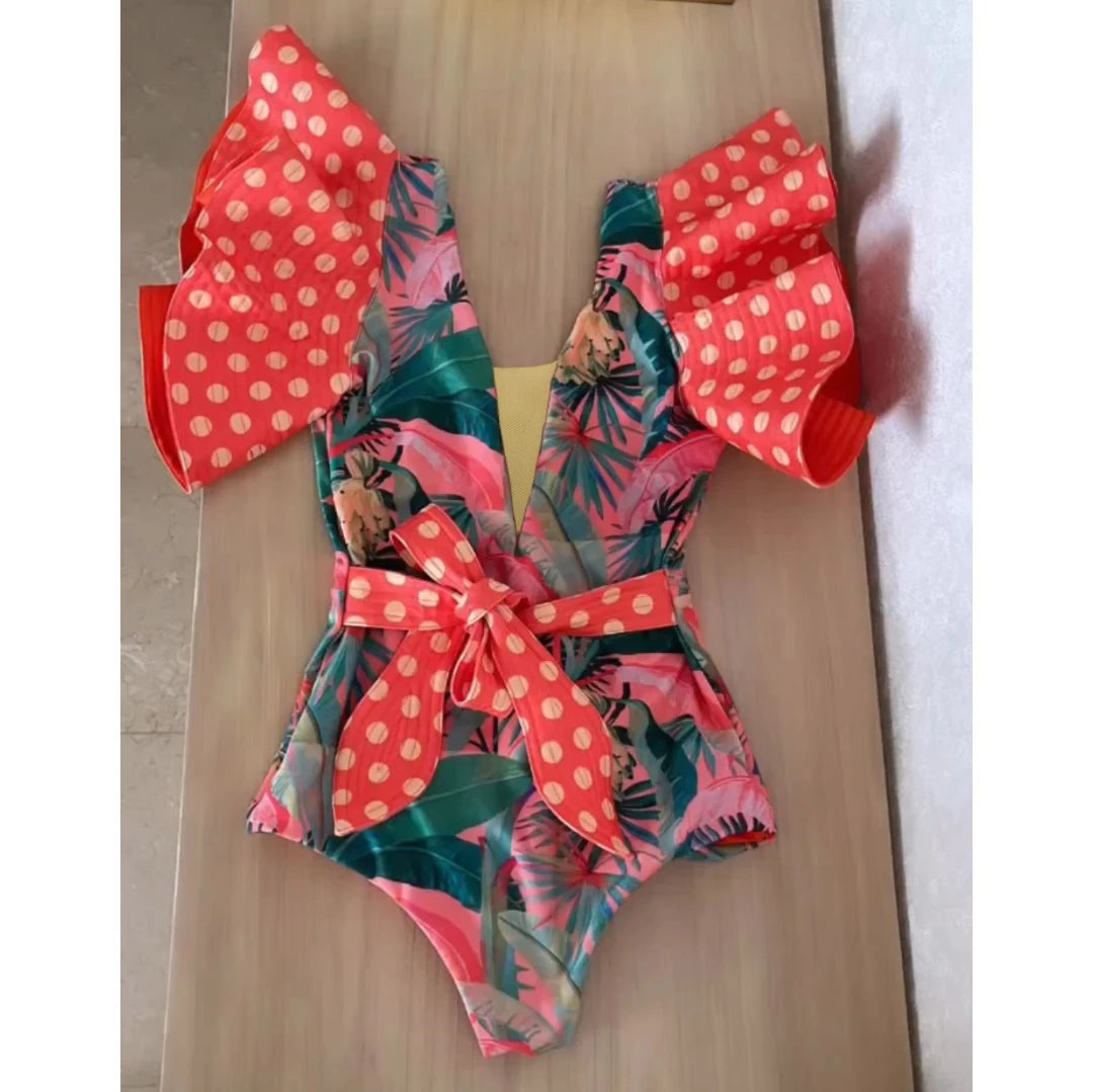 Ruffle One-Piece Swimsuit – Floral Deep V-Neck Push-Up Monokini Beachwear for Women