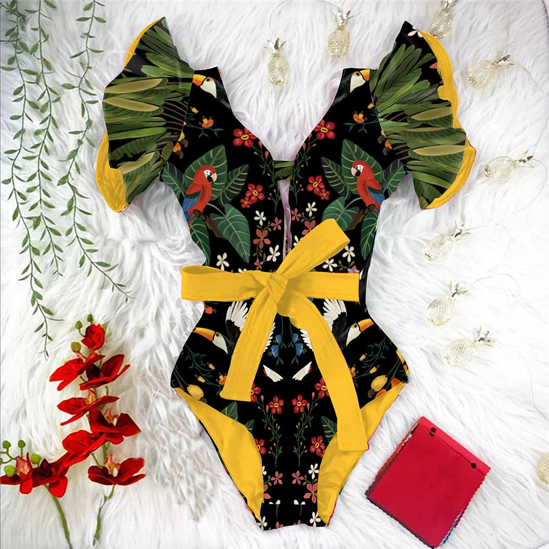 Ruffle One-Piece Swimsuit – Floral Deep V-Neck Push-Up Monokini Beachwear for Women